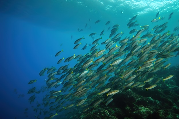 Un banco de peces está nadando en el océano.