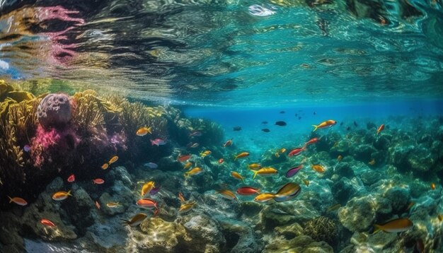 Banco de peces nada a través de un arrecife de coral generado por IA