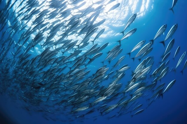 Banco de peces nadando bajo el agua de la IA generativa del mar