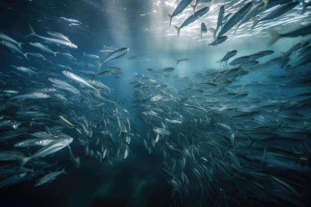 Un banco de peces nadando en aguas cristalinas creado con IA generativa