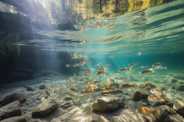 Banco de peces nadando en un arroyo de agua dulce claro creado con IA generativa