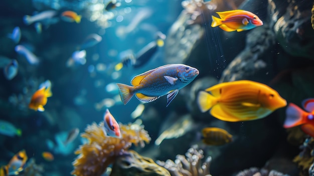 Un banco de peces tropicales nadando alrededor del coral