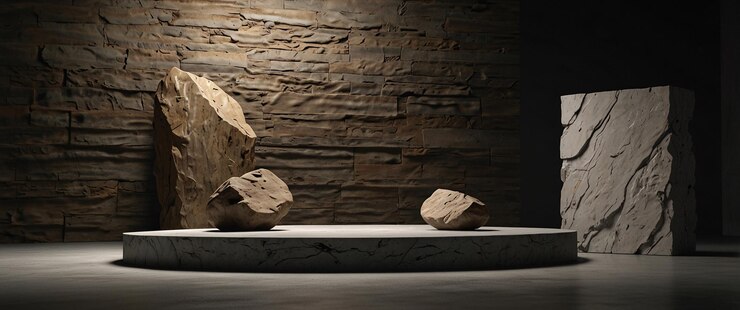 un banco de piedra está frente a una pared con una piedra en él
