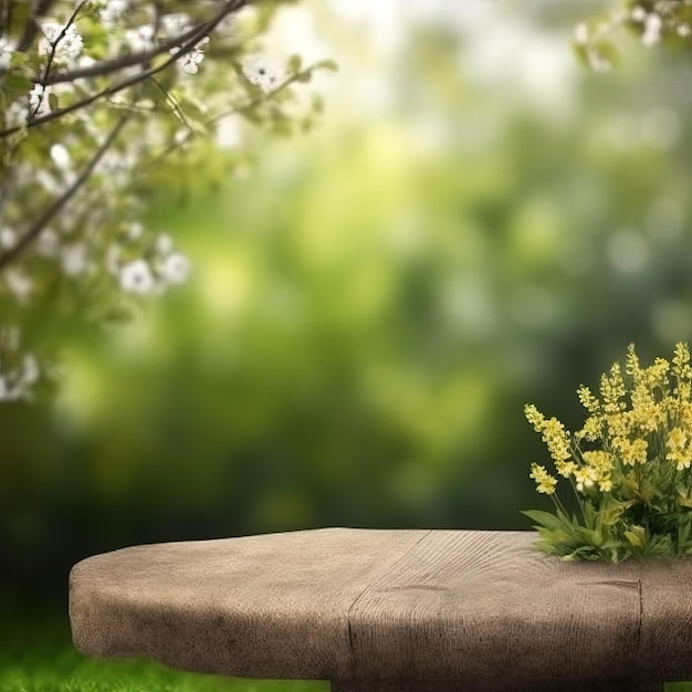 Un banco de piedra con flores y un árbol al fondo.