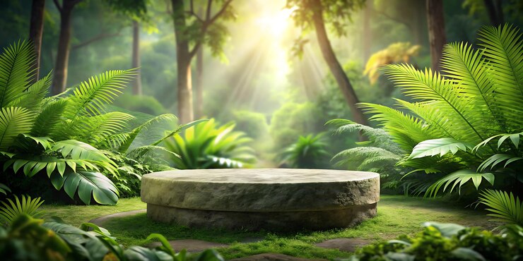 un banco de piedra en una jungla con el sol brillando a través de los árboles