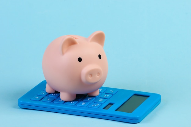 Banco Piiggy com calculadora close-up em azul pastel