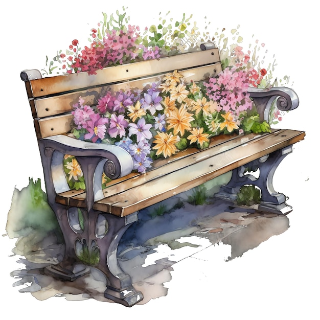 Banco de primavera con flores jardín acuarela ilustración primavera clipart