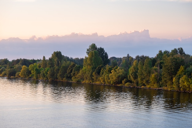 El banco del río daugava cubierto de bosque al atardecer reflejo de árboles en la superficie de