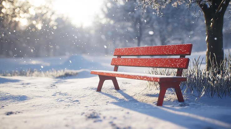 Banco rojo en la nieve