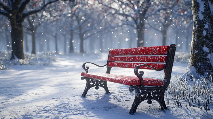 Banco rojo en la nieve