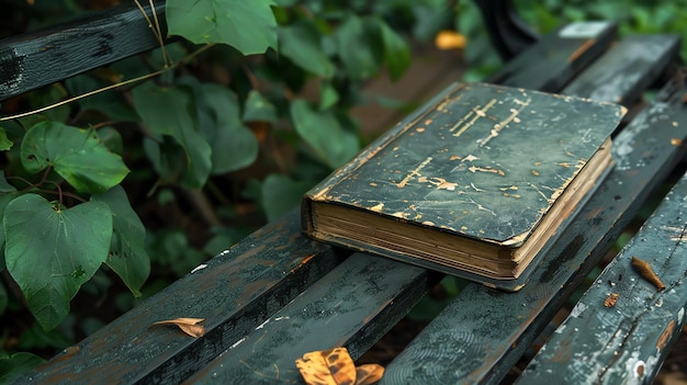 banco rústico no parque com um livro velho nele o livro é verde e tem uma capa de couro o banco é pintado de verde e tem algumas folhas nele