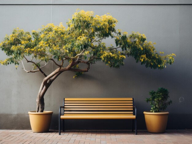 un banco sentado al lado de un árbol