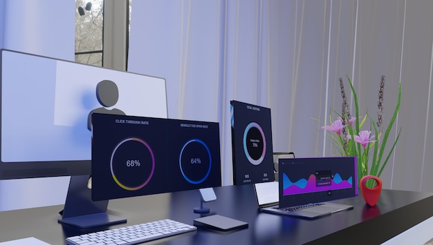 Banco de trabajo interactivo de transformación digital con portátil móvil e icono de usuario equipado con aplicación