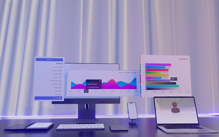 Foto banco de trabajo interactivo de transformación digital con portátil móvil e icono de usuario equipado con aplicación