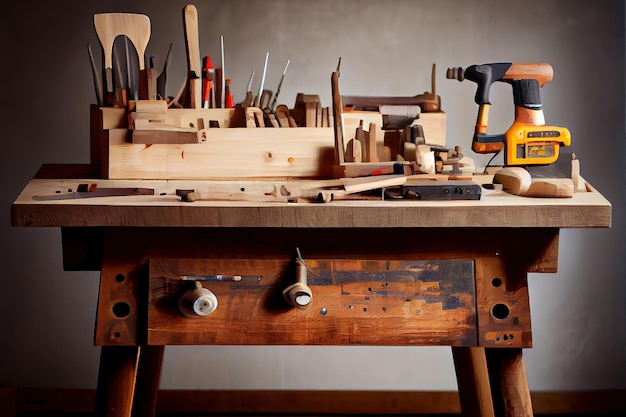 Banco de trabajo de madera en el taller Muchas herramientas diferentes para trabajos de bricolaje y reparación Ai generativo