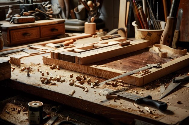 Un banco de trabajo con una variedad de herramientas de carpintería