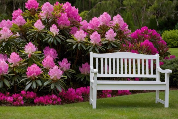Foto un banco tranquilo en el jardín entre los rododendros en flor