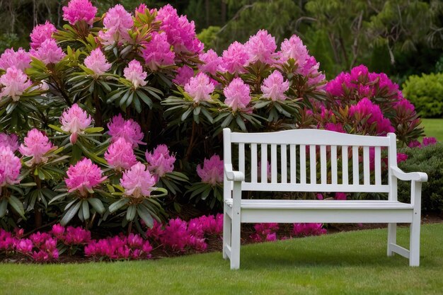 Un banco tranquilo en el jardín entre los rododendros en flor