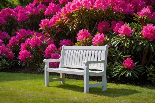 Un banco tranquilo en el jardín entre los rododendros en flor