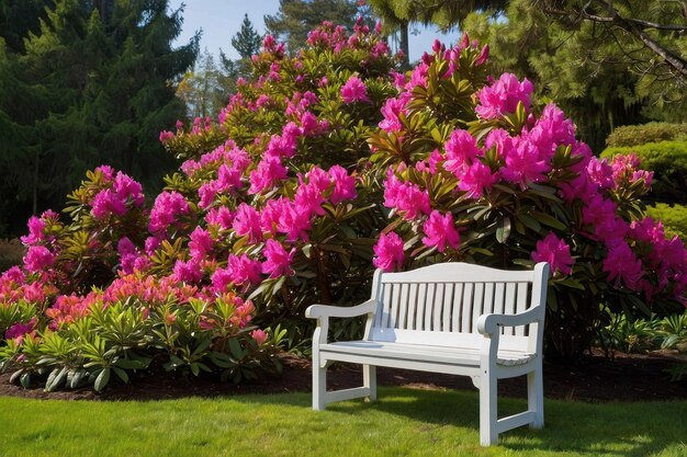 Un banco tranquilo en el jardín entre los rododendros en flor