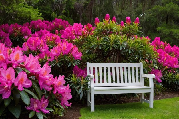 Un banco tranquilo en el jardín entre los rododendros en flor