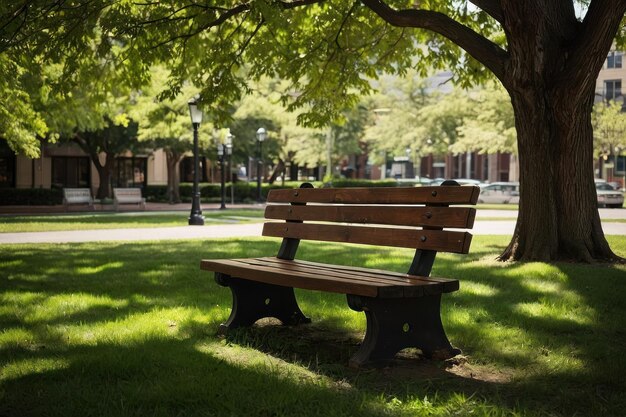 Un banco vacío en el parque con exuberante vegetación