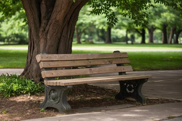 Un banco vacío en el parque con exuberante vegetación