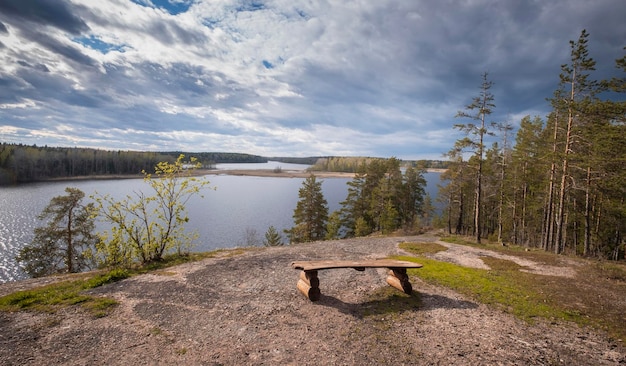 Banco vacío solitario con vistas al lago desde el otoño