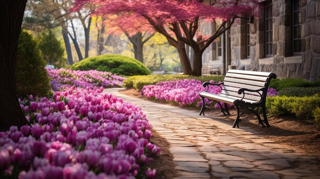 Foto banco vintage en el jardín de tulipanes aigenerado