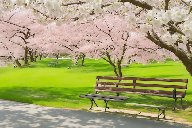 Bancos en un camino con hierba verde y flor de cerezo o flor de sakura