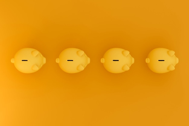 Bancos de cerdo amarillo en una fila. Vista superior sobre fondo de colores. Concepto de ahorro de dinero. Representación 3D.