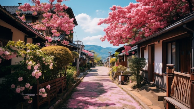 Bancos de madeira alinham uma rua adornada com flores cor-de-rosa vibrantes