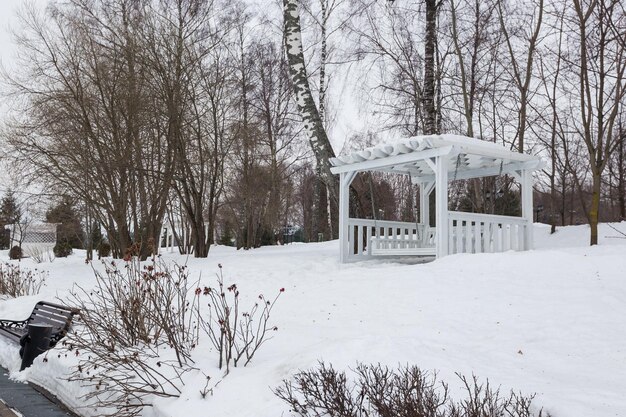 Bancos de parques e árvores cobertas por neve pesada no inverno. Muita neve.