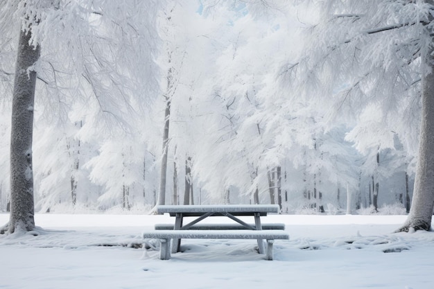 Bancos de piquenique e mesa coberta de neve profunda durante o inverno