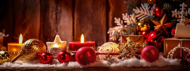 Bancos de vidro de decorações de Natal e banner de velas com espaço de cópia feito com Generative AI