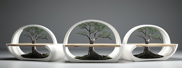 bancos diferentes com desenhos de árvores no estilo preciso e realista