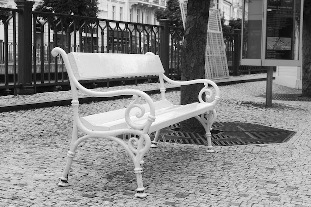 Bancos de hierro forjado en la calle.