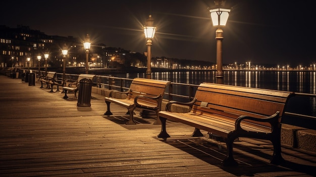 Bancos en un muelle por la noche con luces encendidas