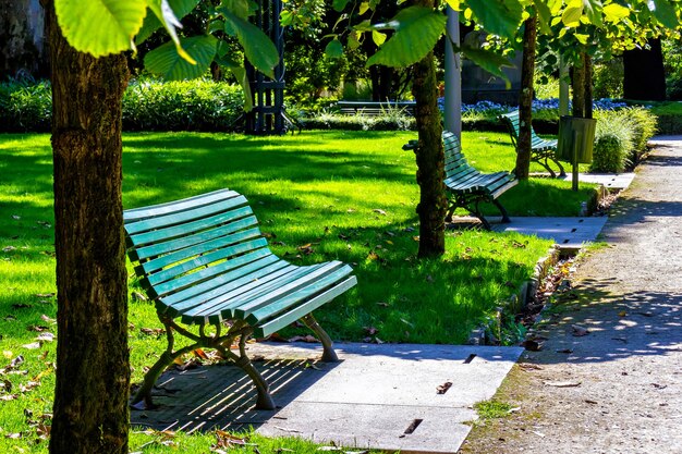 Bancos verdes en el parque de verano, España