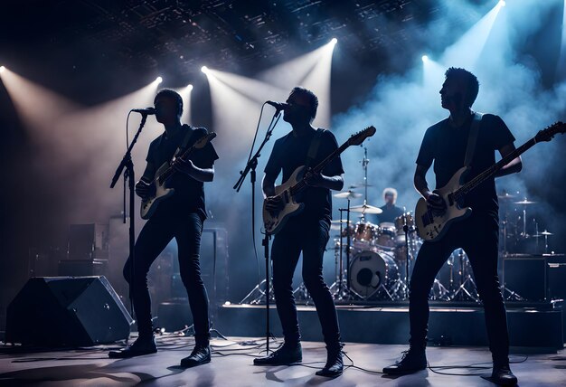 La banda actuando en un escenario silueta contra un fondo de humo oscuro haces de luz