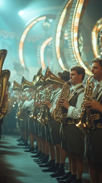 Banda de bronce con trajes tradicionales tocando instrumentos bajo un espectáculo de luces