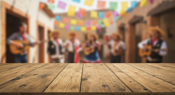 Banda de Mariachi se apresentando em uma festa mexicana com uma mesa de madeira no primeiro plano
