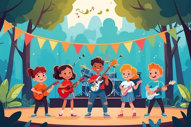 Banda de música infantil tocando no palco em um festival ao ar livre ilustração vetorial