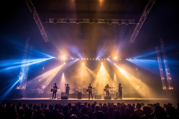 Una banda en el escenario con una multitud mirando