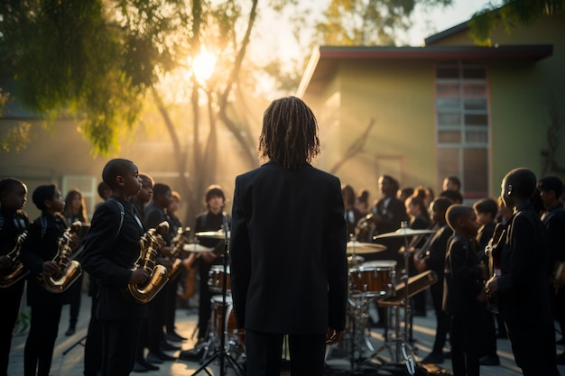 Banda escolar practicando para una actuación de IA generativa