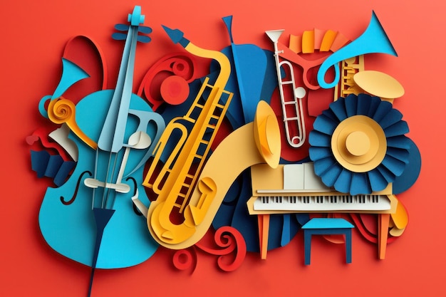 Foto banda de jazz instrumentos musicales cartel del día de la música mundial invitación resumida