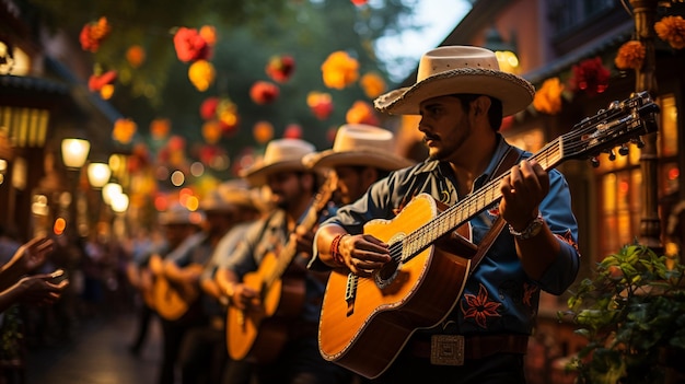 Una banda de Mariachi actuando en el escenario adornado con papel tapiz