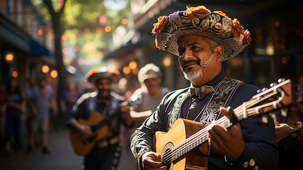 Foto la banda de mariachi actuando bajo el telón de fondo