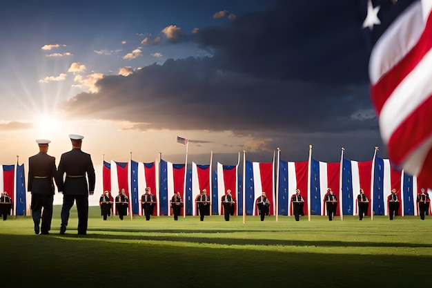 Una banda militar se para frente a una línea de banderas estadounidenses.