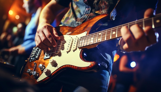 Una banda de música dinámica actuando en un escenario de concierto con un guitarrista de fondo borroso en el escenario